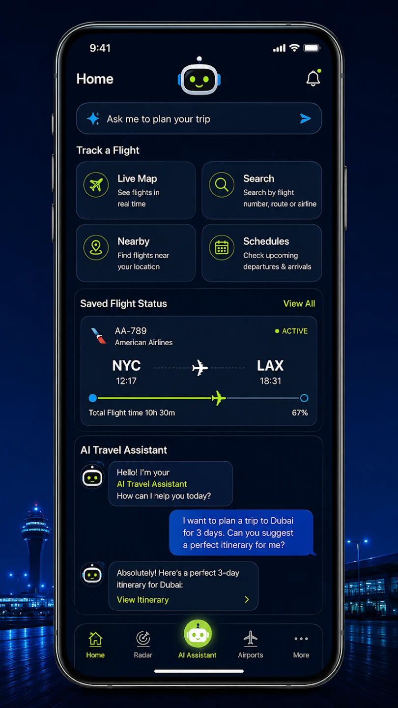 Flight Tracker home screen with live map and AI travel assistant