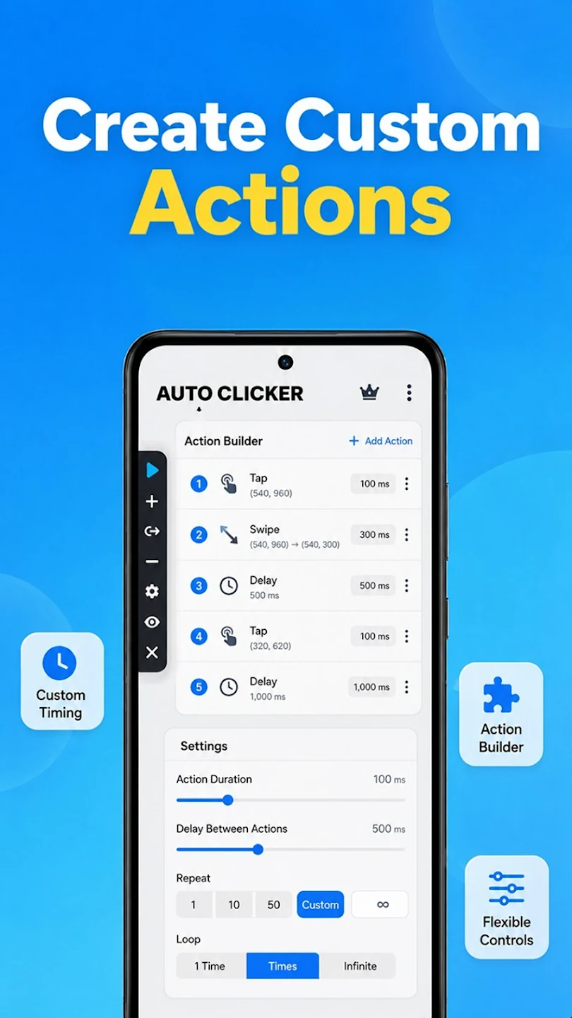 Auto Clicker action builder with tap swipe and delay