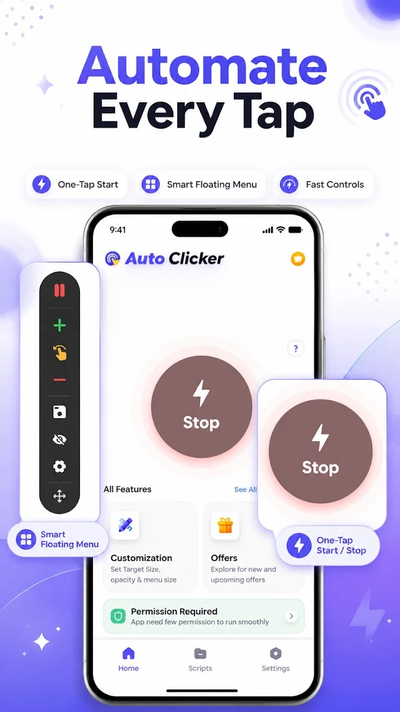 Auto Clicker home and floating start stop controls