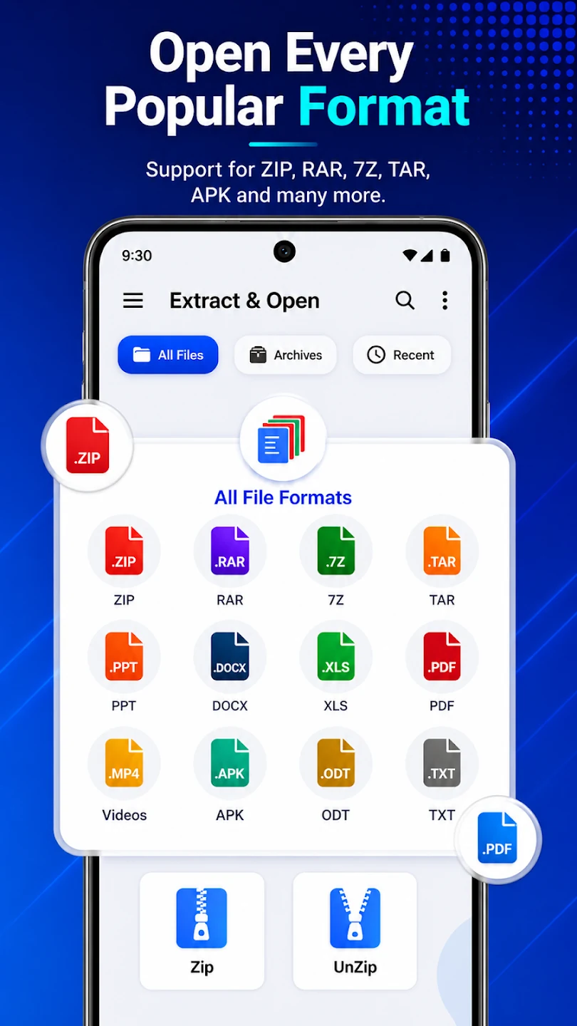 ZIP File Opener supported archive and document formats